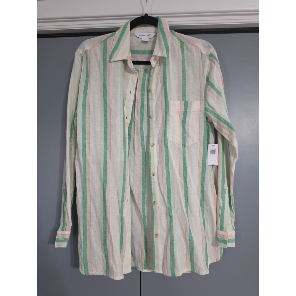 Old Navy The Boyfriend Shirt Womens XS Green Pink Striped NWT Linen Blend Button